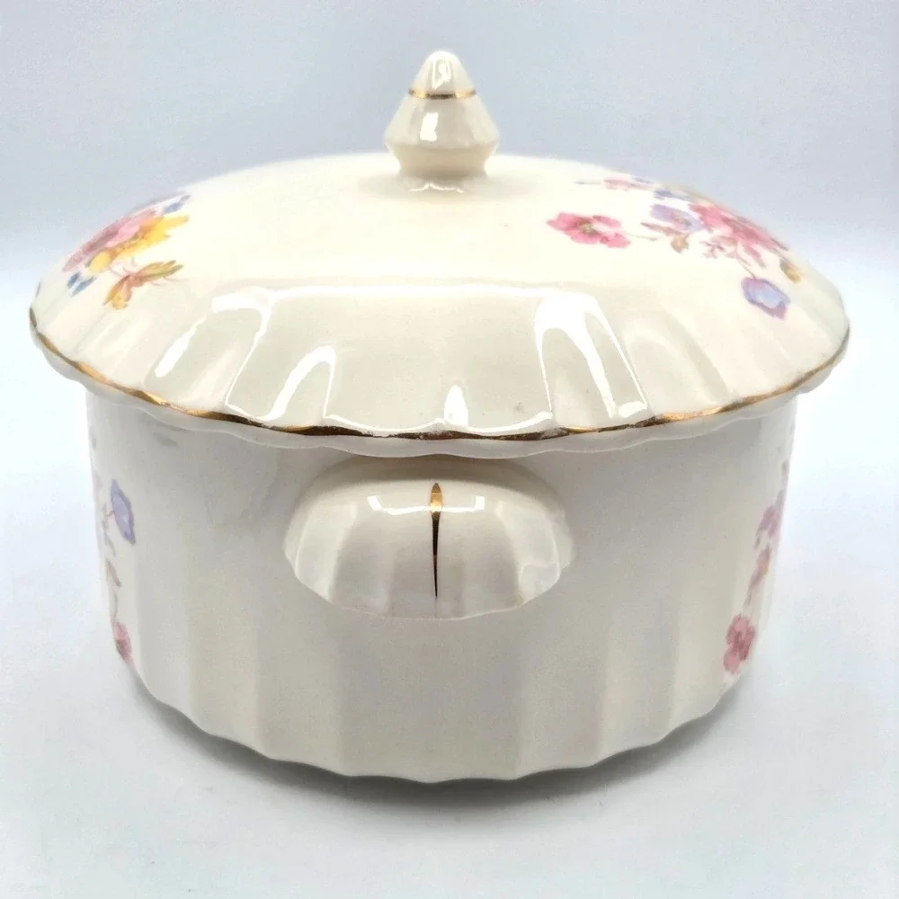 W.S. George Bolero Round Ceramic Casserole Dish Lid & Handles, Floral Gold Trim